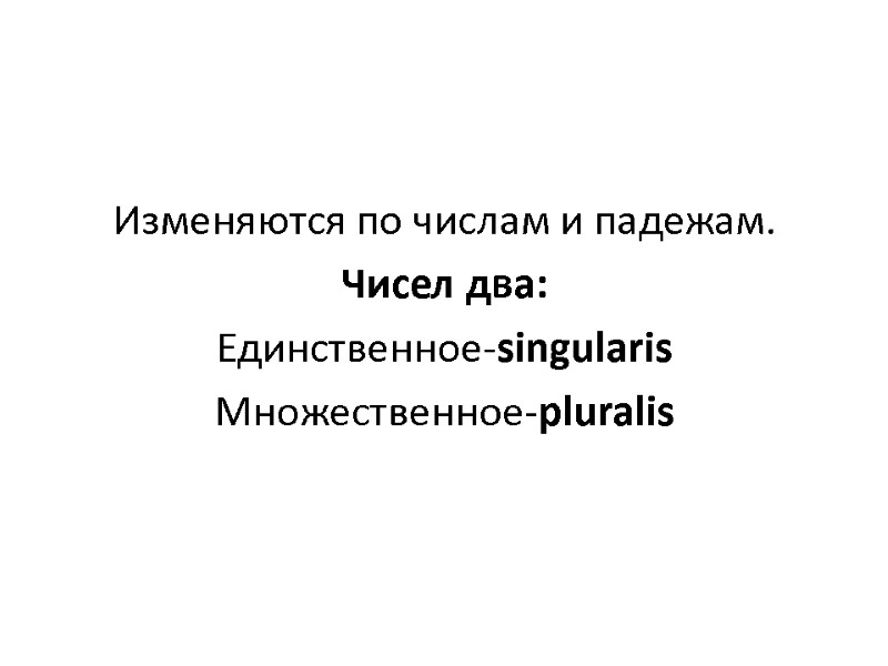 Изменяются по числам и падежам. Чисел два: Единственное-singularis Множественное-pluralis Изменяются по числам и падежам. Чисел два: Единственное-singularis Множественное-pluralis